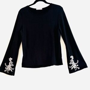Redhaute Black Long-Sleeve Top with White Embroidered Split Cuffs Size S